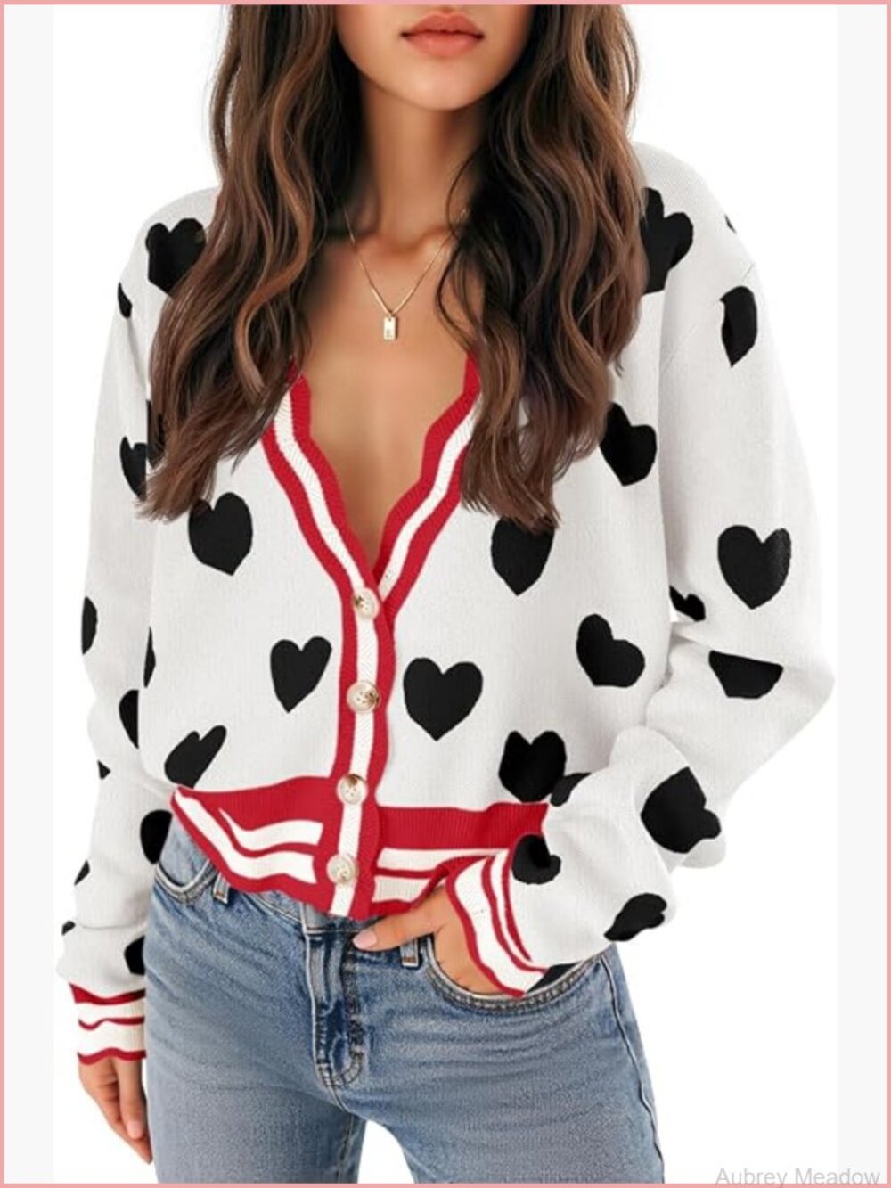 Cute Heart Cardigan Sweater Button V Neck Long Sleeve Color Block Knit Valentine